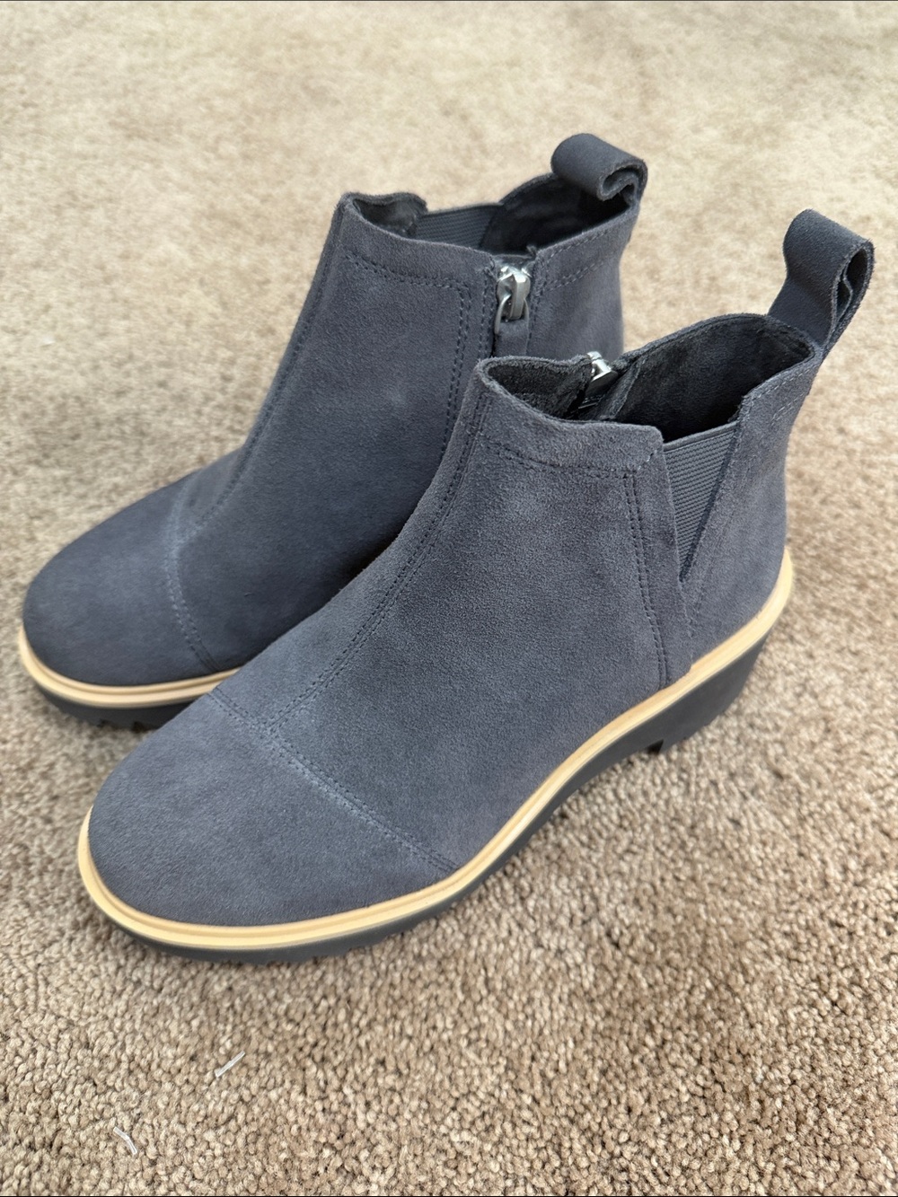 Toms Women's Suede Ankle Booties in Charcoal Gray with Tan Trim